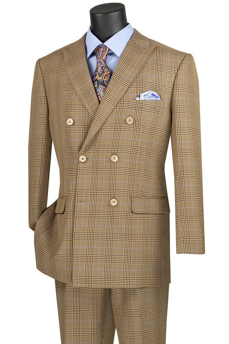 Mocha Windowpane Double Breasted Suit - Upscale Men's Fashion