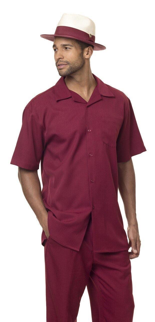 Montique Men's 2 Piece Short Sleeve Walking Suit Solid Burgundy - Upscale Men's Fashion