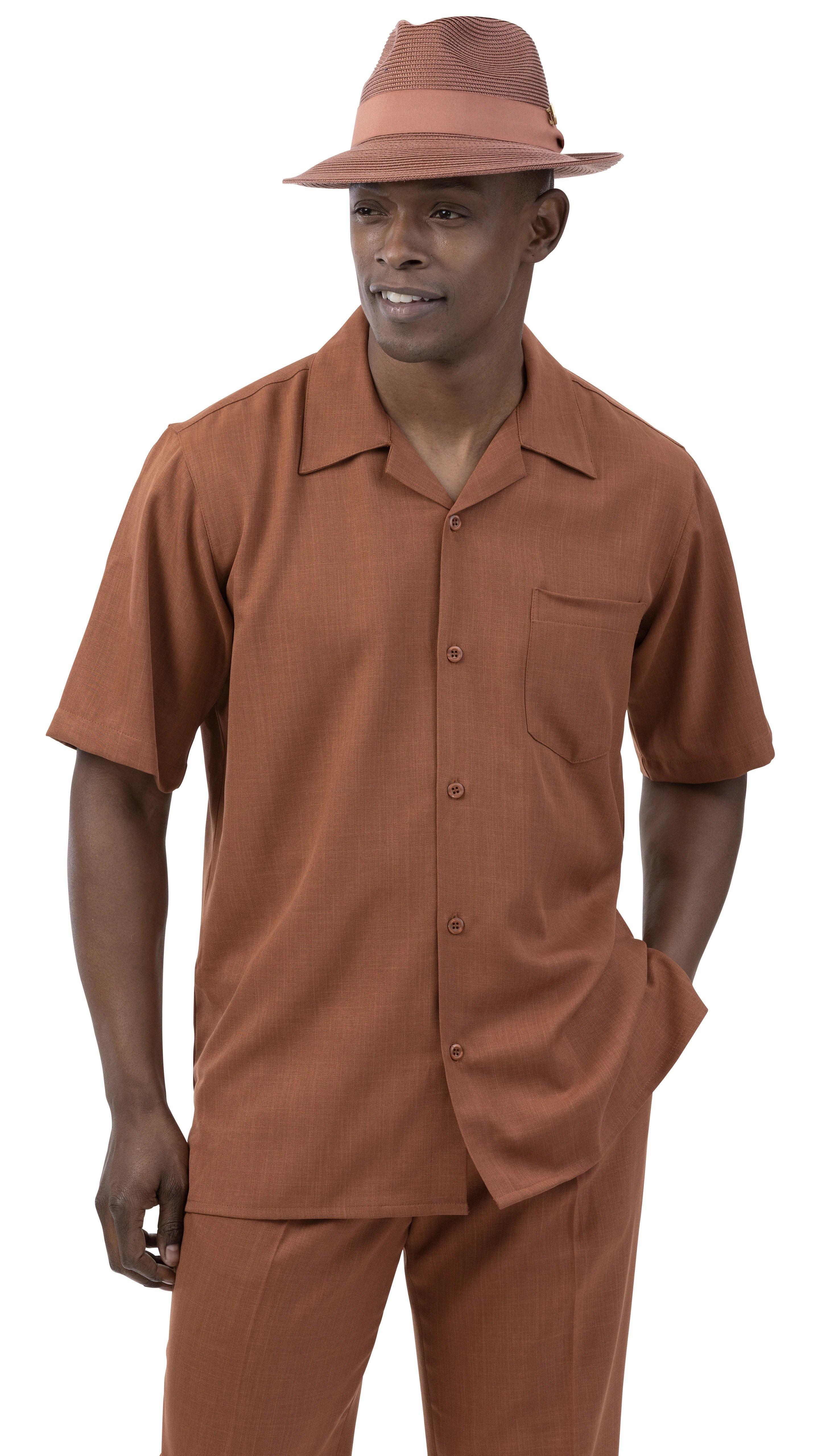 Montique Men's 2 Piece Short Sleeve Walking Suit Solid Cognac - Upscale Men's Fashion