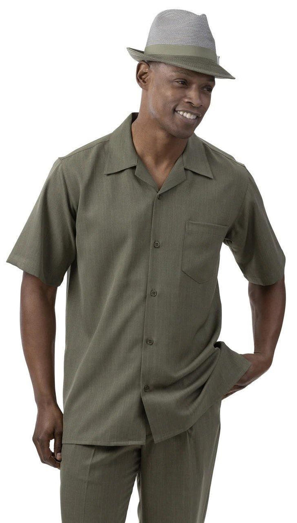 Montique Men's 2 Piece Short Sleeve Walking Suit Solid Olive - Upscale Men's Fashion