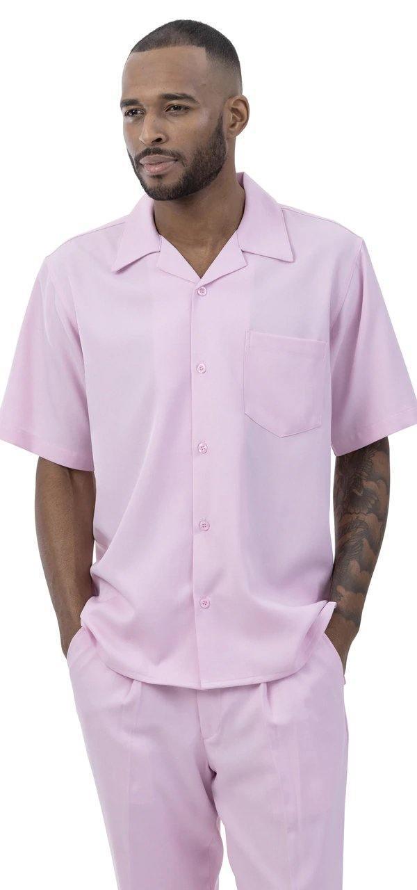 Montique Men's 2 Piece Short Sleeve Walking Suit Solid Pink - Upscale Men's Fashion
