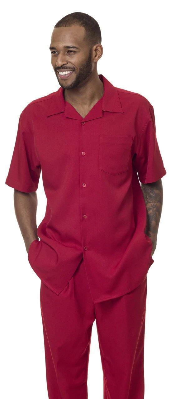 Montique Men's 2 Piece Short Sleeve Walking Suit Solid Red - Upscale Men's Fashion