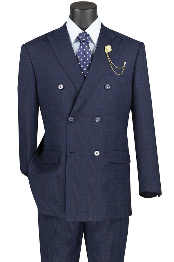 Navy Windowpane Double Breasted Suit - Upscale Men's Fashion