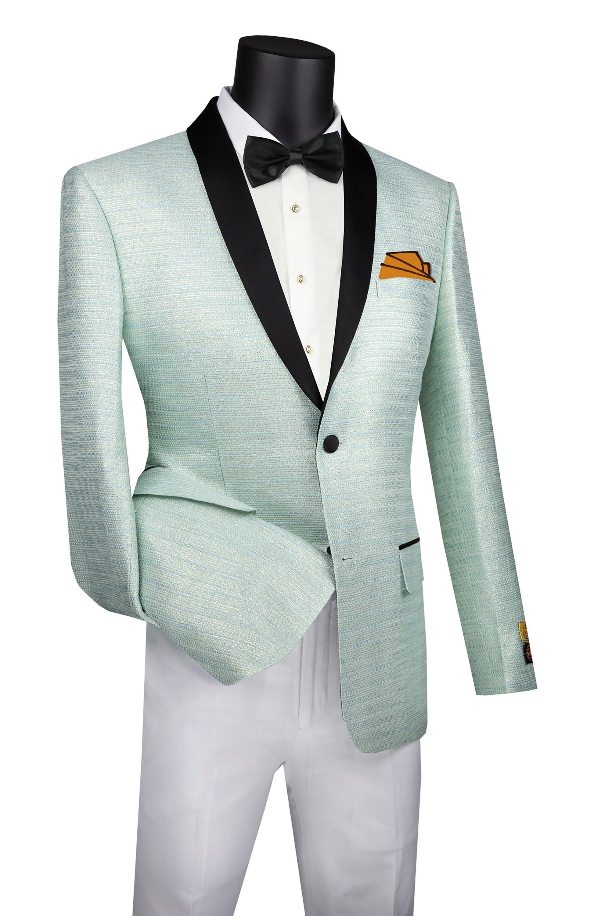 Pale aqua Metallic Stripe Slim Fit Jacket with Black Shawl Lapel - Upscale Men's Fashion