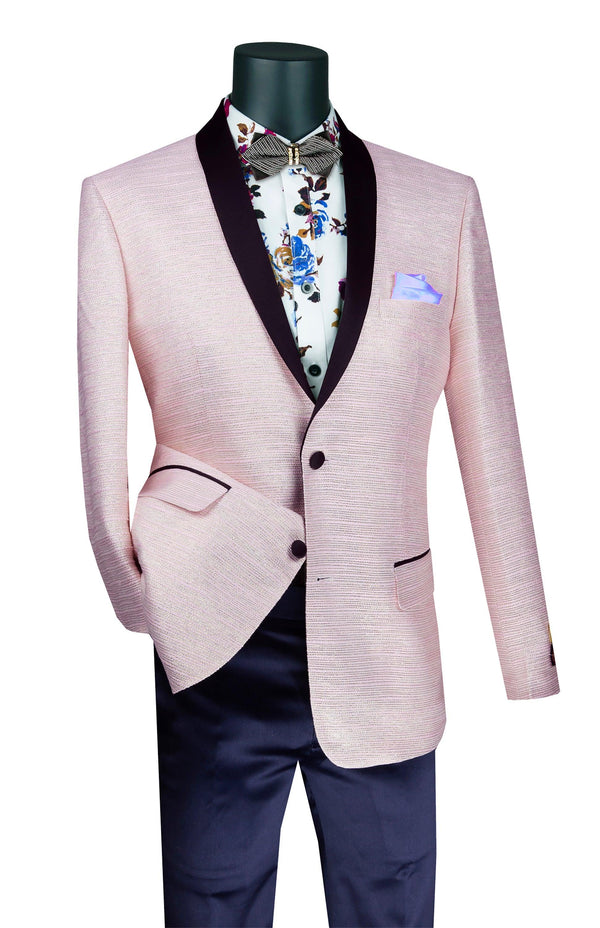 Pink Metallic Stripe Slim Fit Jacket with Black Shawl Lapel - Upscale Men's Fashion