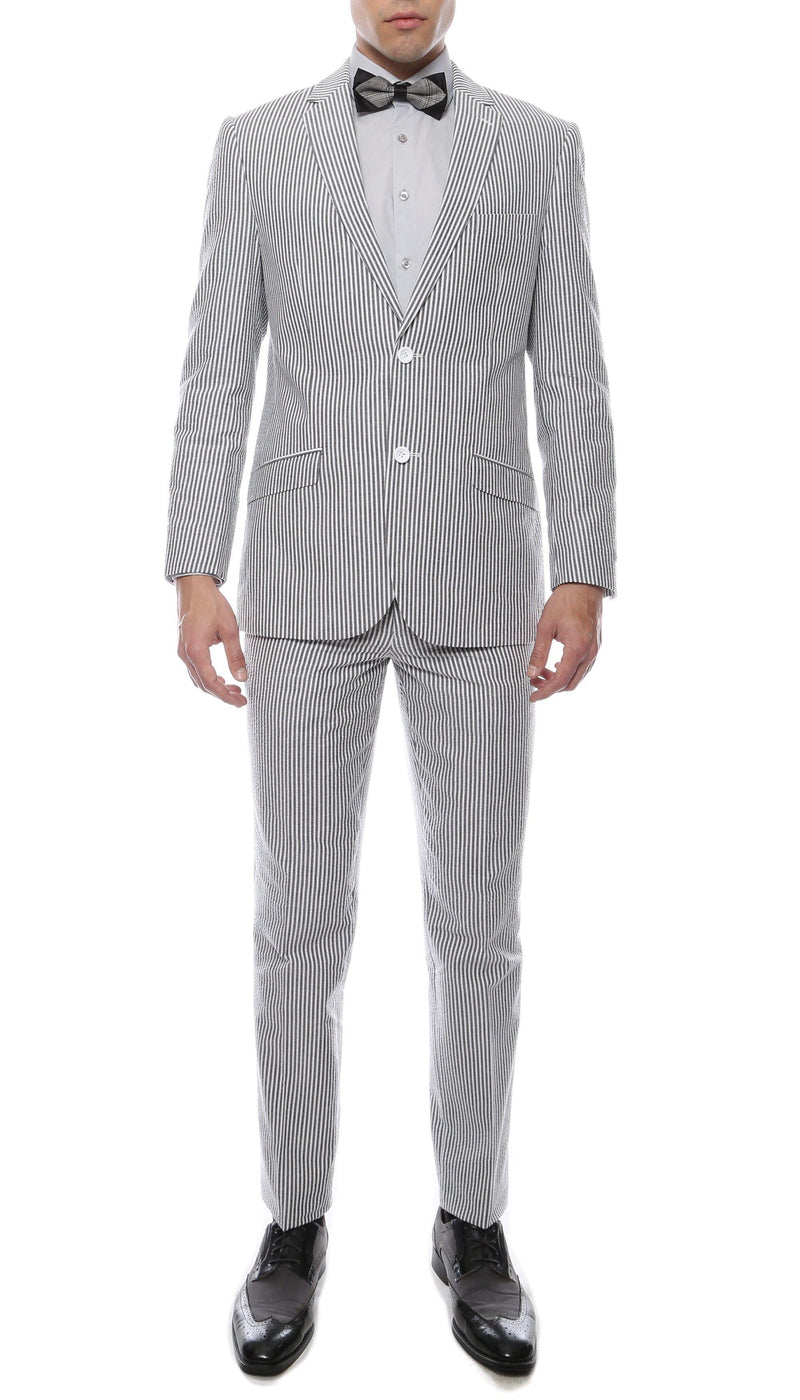 Premium Comfort Cotton Slim Black Seersucker 2 Piece Suit - Upscale Men's Fashion