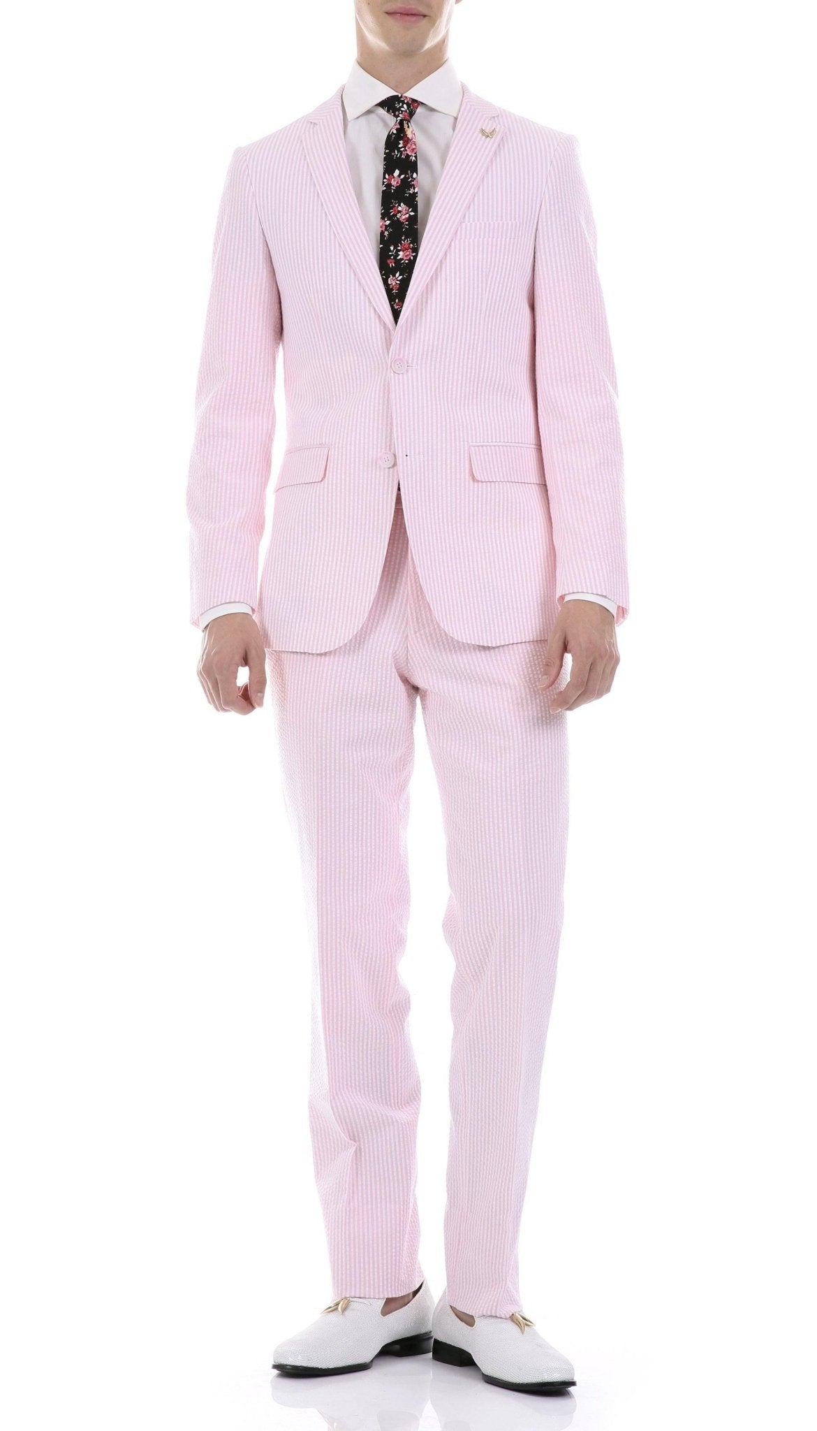 MEN'S 2PC SUMMER SEERSUCKER SLIM FIT SUIT IN PINK PINSTRIPE - Upscale Men's Fashion