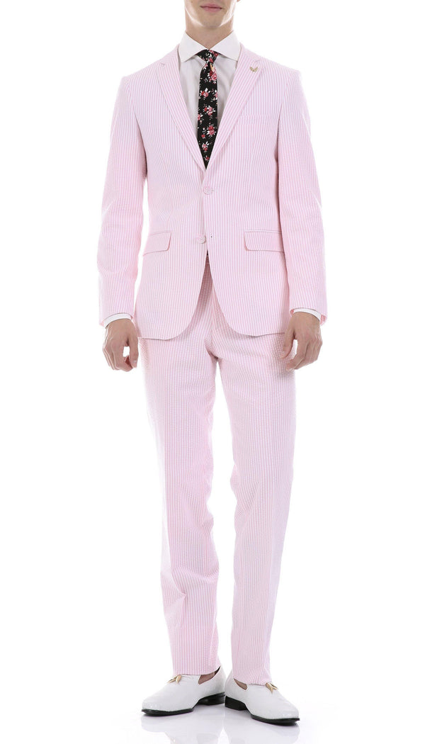 Premium Comfort Cotton Slim Pink Seersucker 2 Piece Suit - Upscale Men's Fashion