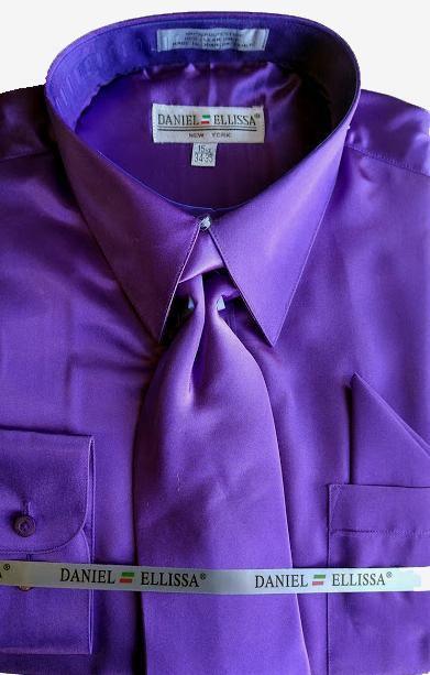 Purple Satin Dress Shirt Set with Matching Tie & Pocket Square - Upscale Men's Fashion