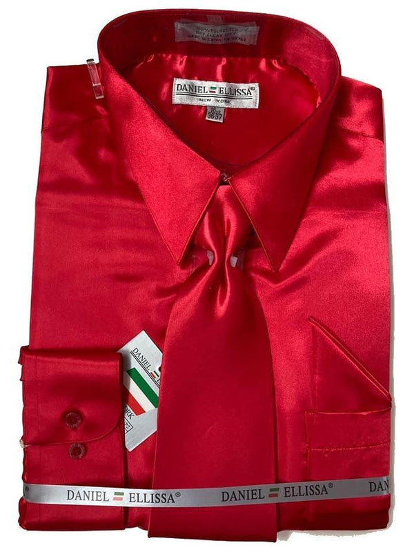Red Satin Dress Shirt Set with Matching Tie & Pocket Square - Upscale Men's Fashion