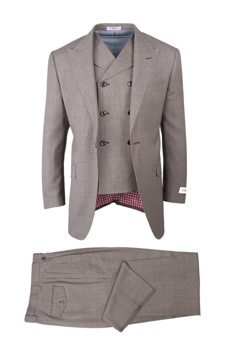San Giovesse Tan Birdseye, Pure Wool, Wide Leg  Vested Suit