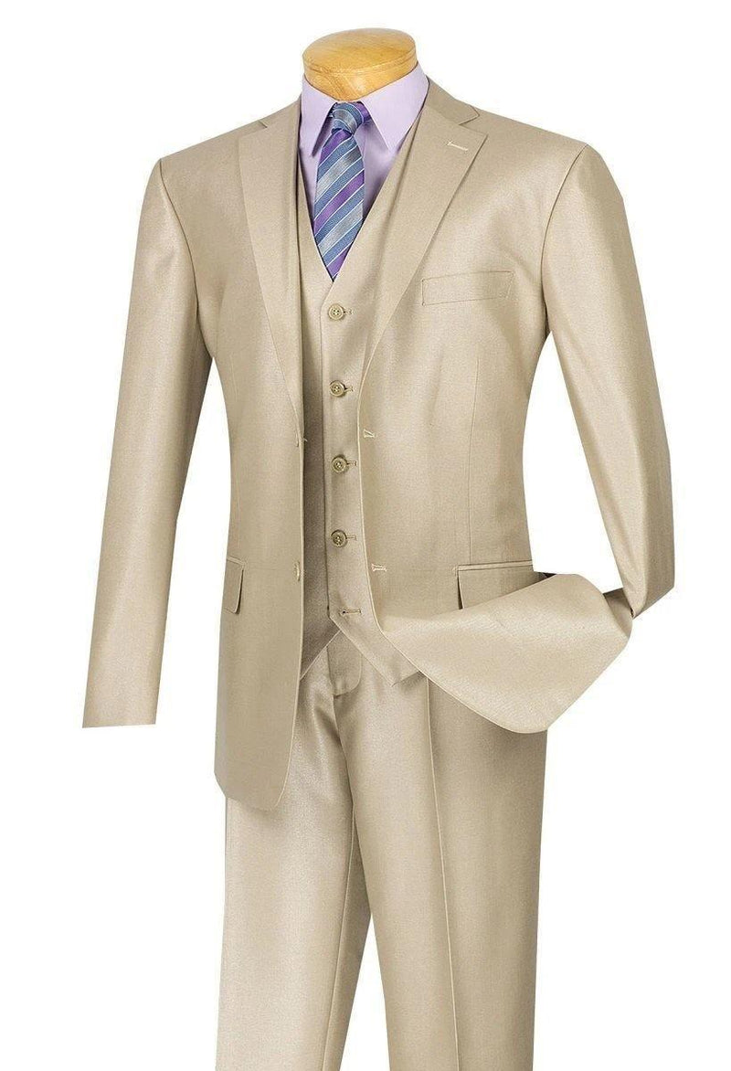 Shinny Vested Regular Fit Suit, Beige - Upscale Men's Fashion