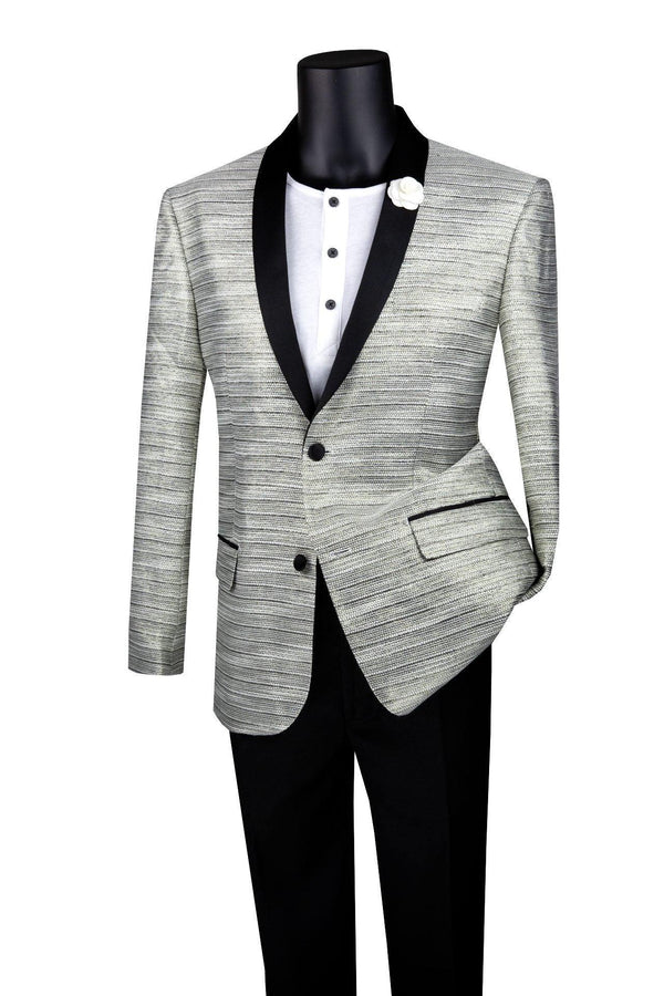 Silver Metallic Stripe Slim Fit Jacket with Black Shawl Lapel - Upscale Men's Fashion