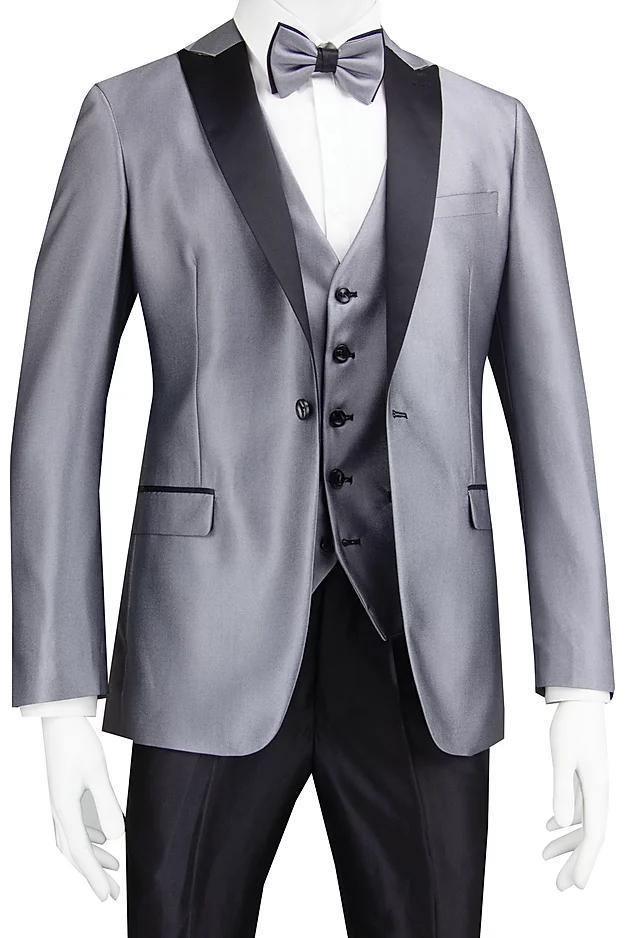 Silver Tuxedo Slim Fit with Black Peak Lapel & Black Pants - Upscale Men's Fashion