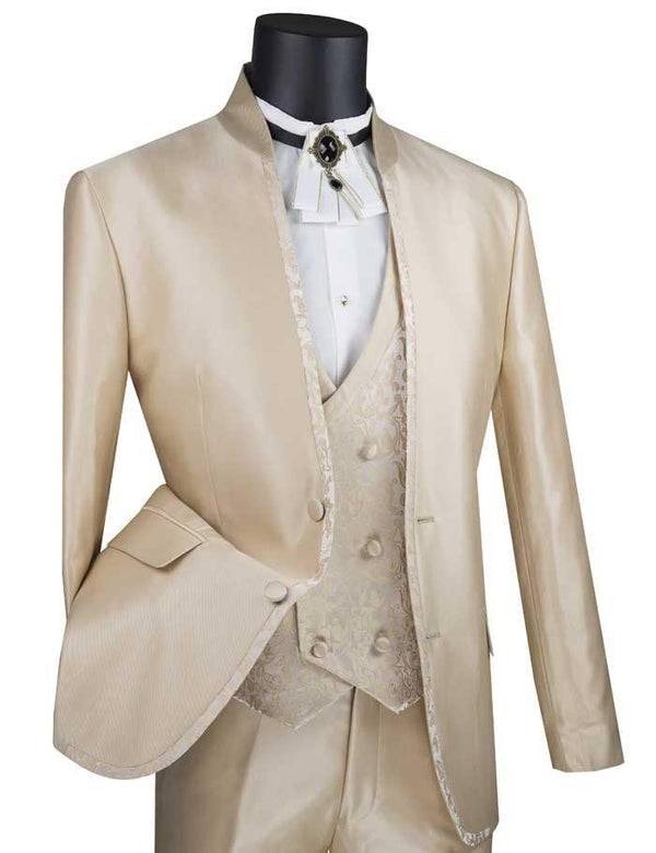 Slim Fit 3 Piece Banded-collar Suit with Trim and Paisley Vest Color Beige