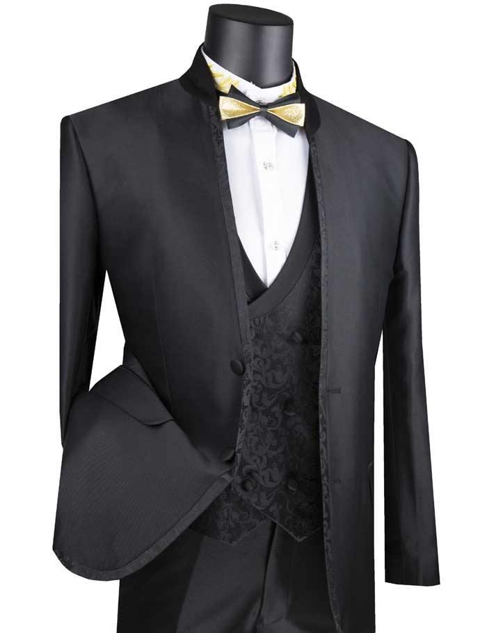 Slim Fit 3 Piece Banded-collar Suit with Trim and Paisley Vest Color Black
