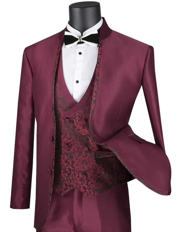 Slim Fit 3 Piece Banded-collar Suit with Trim and Paisley Vest Color Burgundy