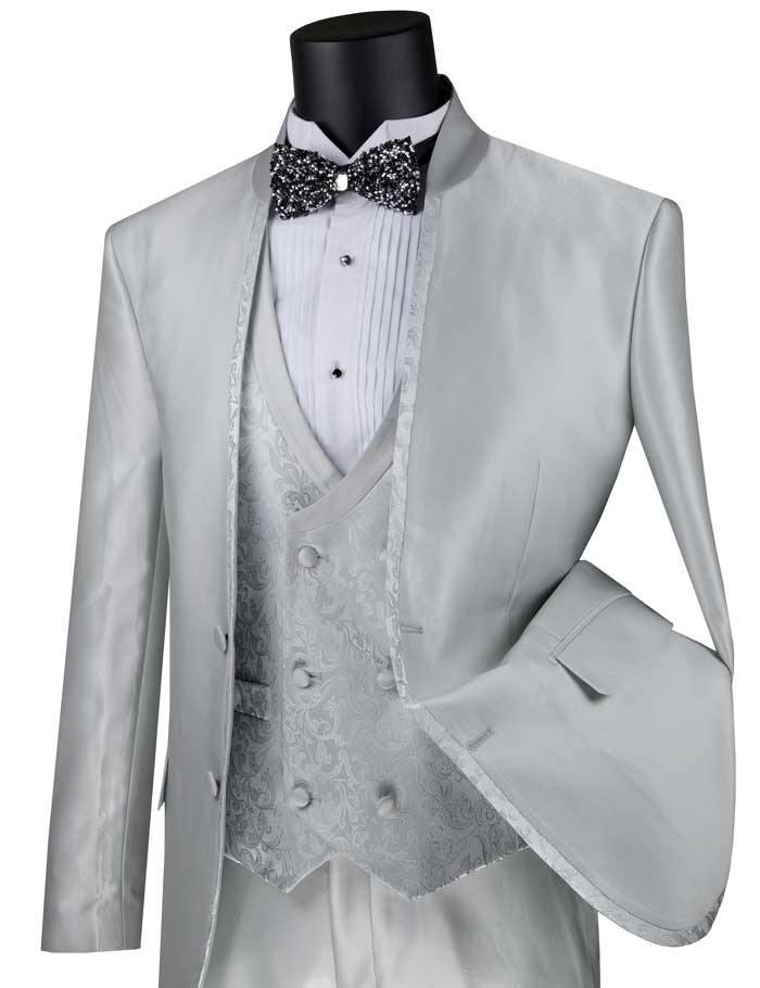 Slim Fit 3 Piece Banded-collar Suit with Trim and Paisley Vest Color Silver