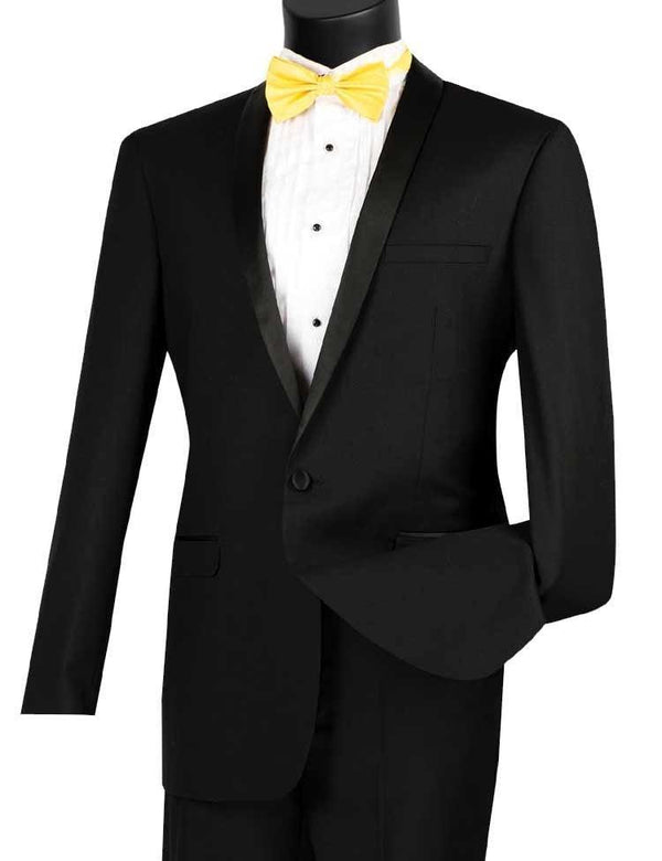 Slim Fit Black Tuxedo with Narrow Black Shawl Lapel - Upscale Men's Fashion