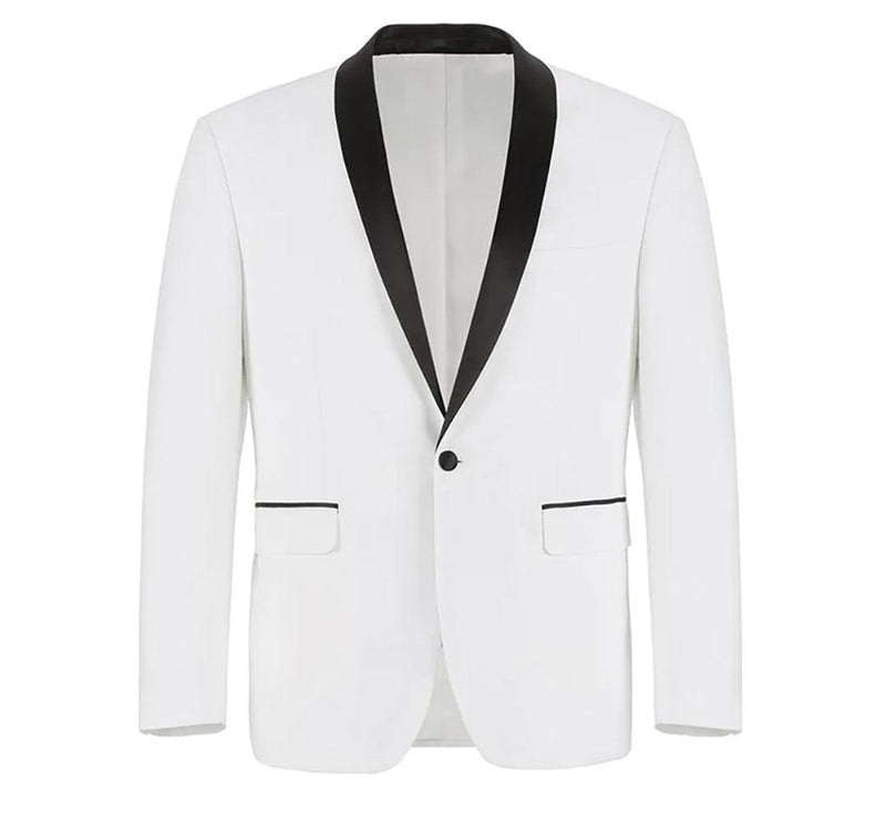 Slim Fit White Dinner Jacket with Black Shawl Lapel - Upscale Men's Fashion