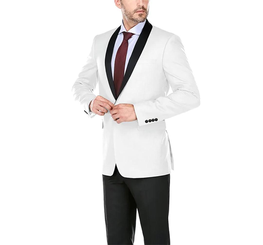 Slim Fit White Dinner Jacket with Black Shawl Lapel - Upscale Men's Fashion