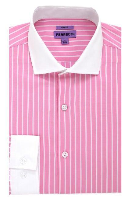The Pitt Slim Fit Cotton Dress Shirt- Pink with White Collar and White Pin Stripes - Upscale Men's Fashion