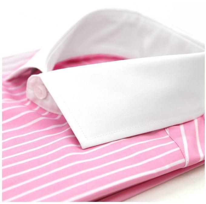 The Pitt Slim Fit Cotton Dress Shirt- Pink with White Collar and White Pin Stripes - Upscale Men's Fashion