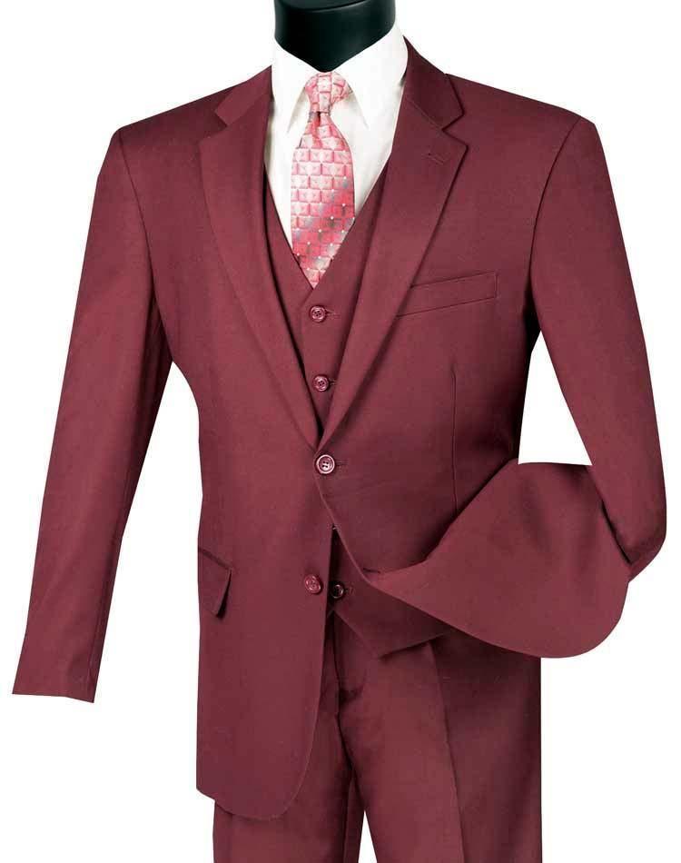 Three Piece Classic Fit Vested Suit Color Maroon - Upscale Men's Fashion