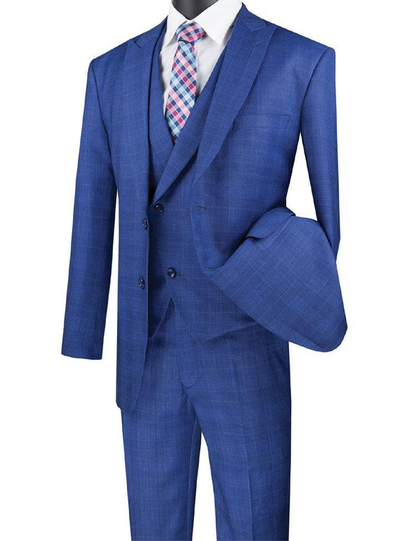 Three Piece Glen Plaid Blue Suit - Upscale Men's Fashion