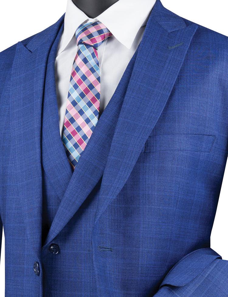 Three Piece Glen Plaid Blue Suit - Upscale Men's Fashion