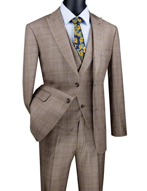 Three Piece Glen Plaid Tan Suit - Upscale Men's Fashion