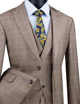 Three Piece Glen Plaid Tan Suit - Upscale Men's Fashion