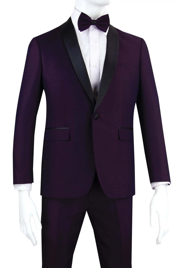 Tuxedo Slim Fit Color Plum with Narrow Black Shawl Lapel & matching Bow Tie - Upscale Men's Fashion
