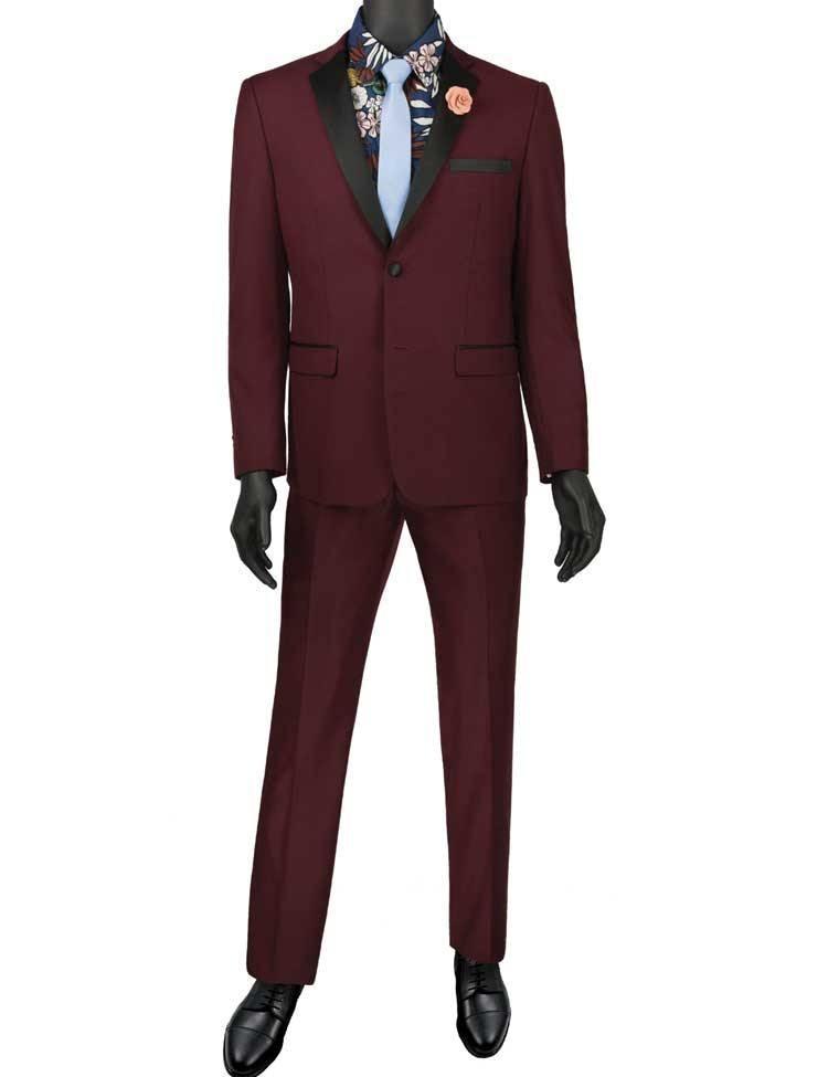 Ultra Slim Fit Burgundy with Black Lapel 2 Piece Tuxedo - Upscale Men's Fashion