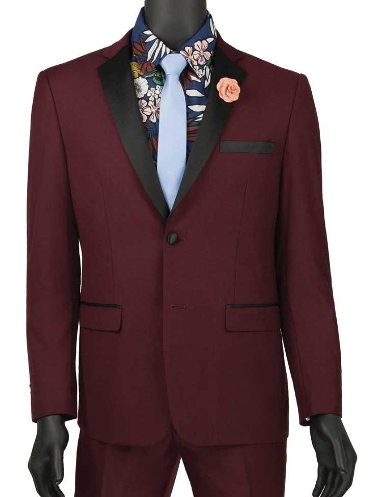 Ultra Slim Fit Burgundy with Black Lapel 2 Piece Tuxedo - Upscale Men's Fashion