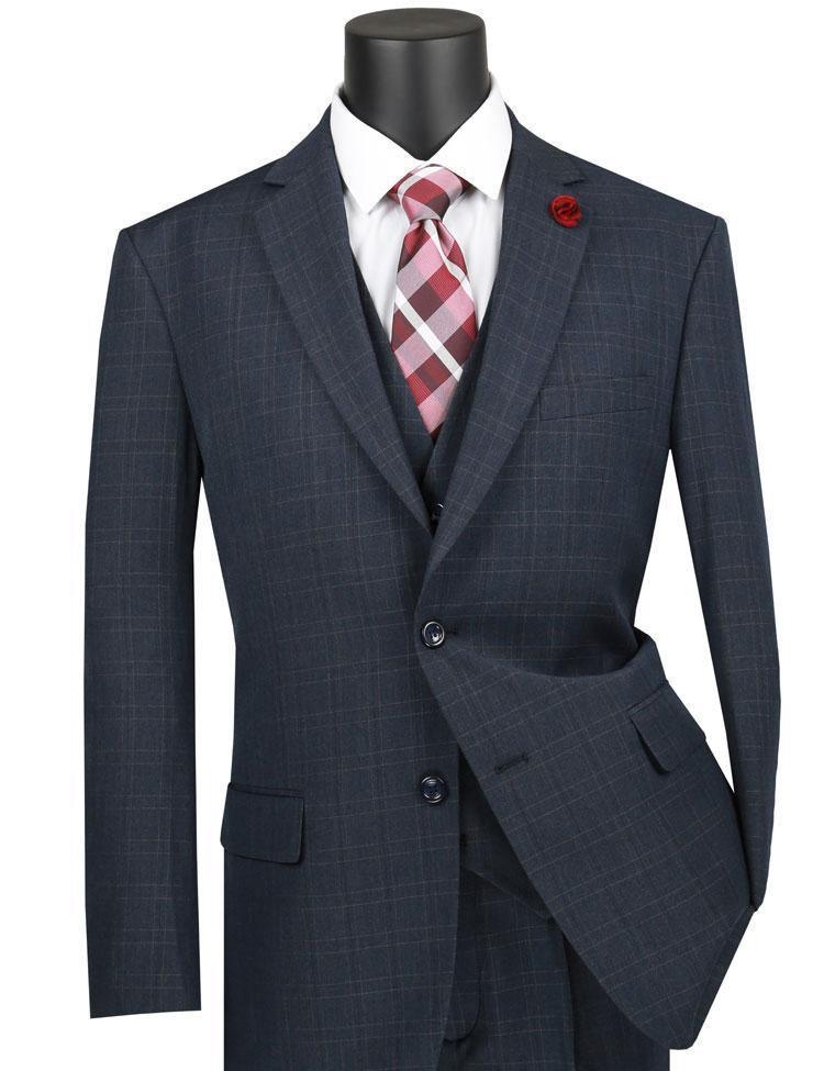 Vinca Collection- Navy Glen Plaid Three Piece Suit Regular Fit - Upscale Men's Fashion
