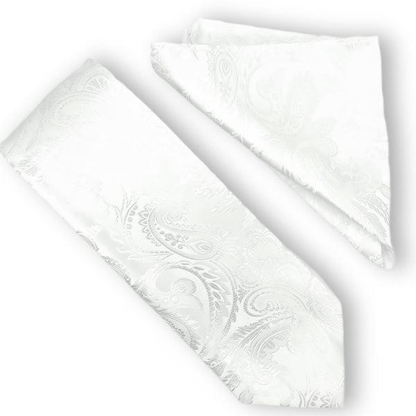 White Paisley Tie and Hanky Set - Upscale Men's Fashion