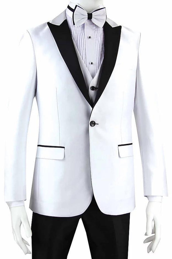 White Tuxedo Slim Fit with Black Peak Lapel & Black Pants - Upscale Men's Fashion